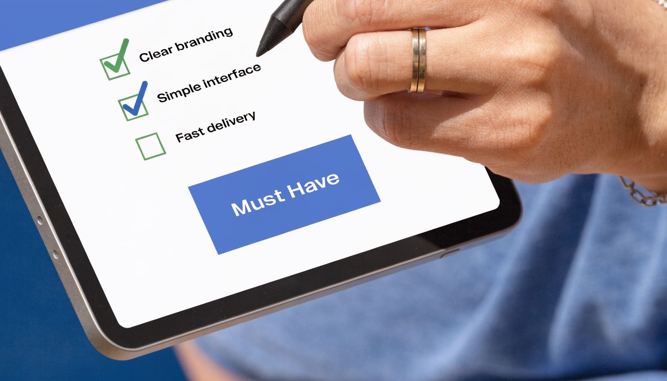 A hand using a digital pen to check off boxes on a digital screen labeled Must Have.