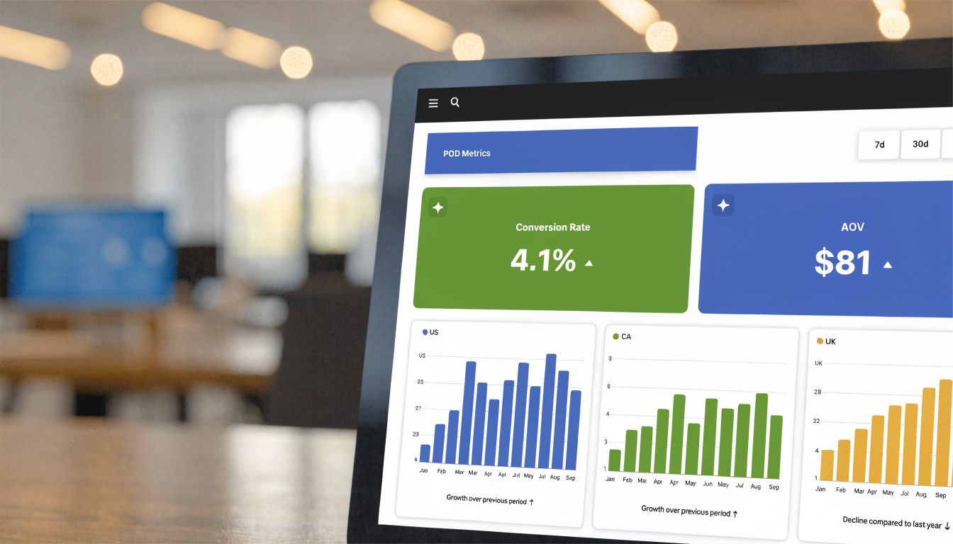A digital dashboard on a laptop screen displaying e-commerce metrics like conversion rates and sales data.